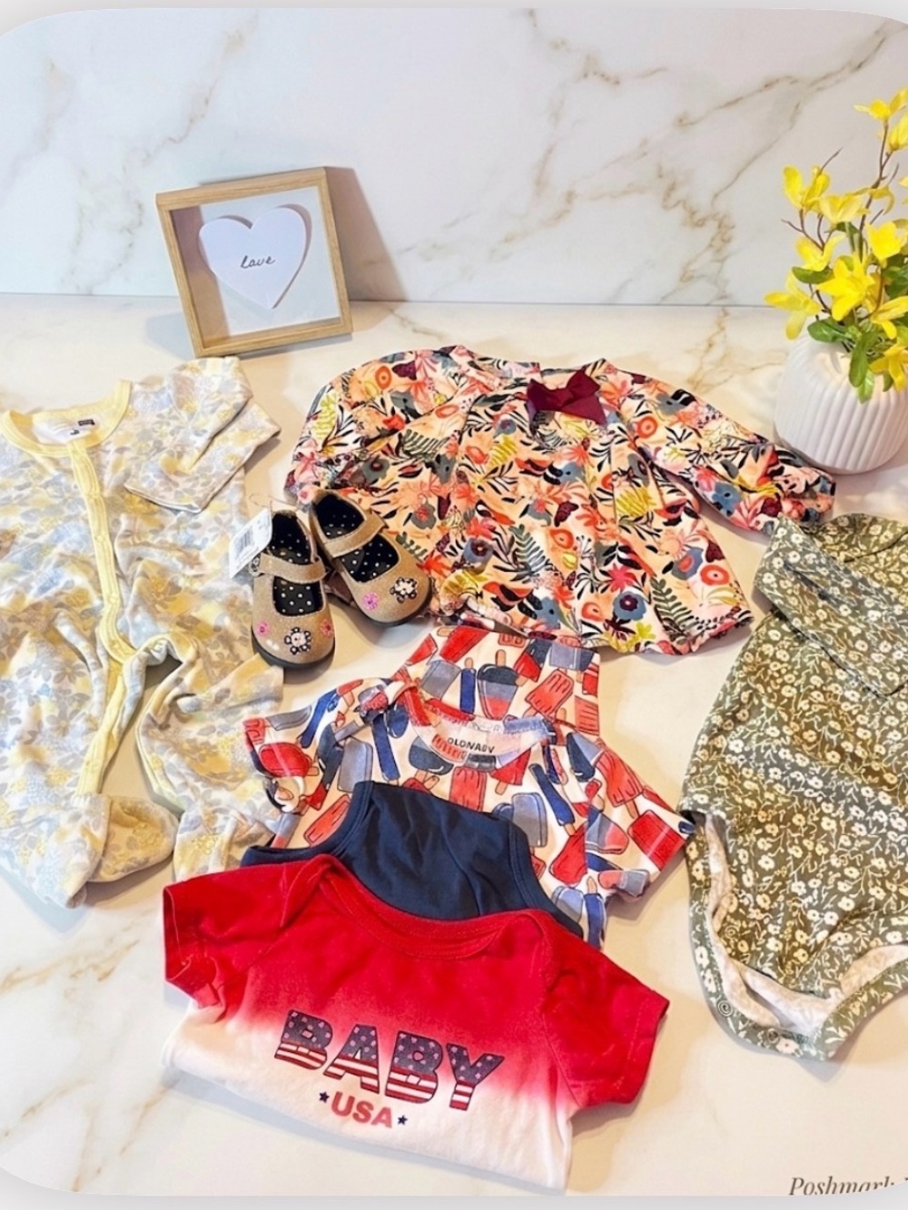 Another BABY GIRL BUNDLE W NWT SHOES. SIZE:6-9 M 3 onesies 1 jumper 1 blouse EUC